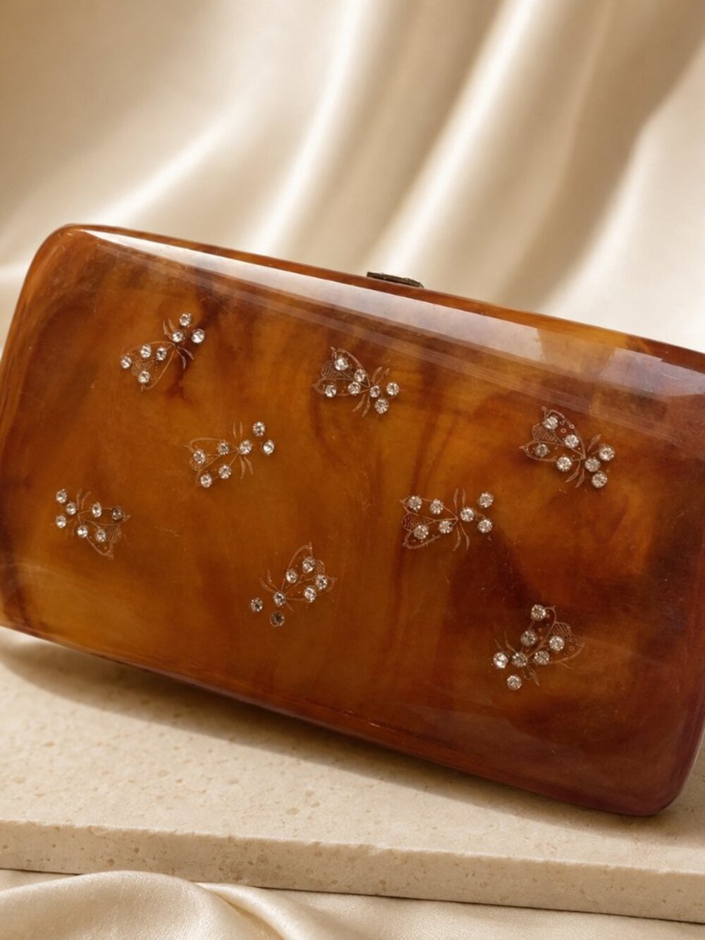 ILENE Lucite Purse 1950s | Tortoiseshell Box Bag with Rhinestone Butterflies